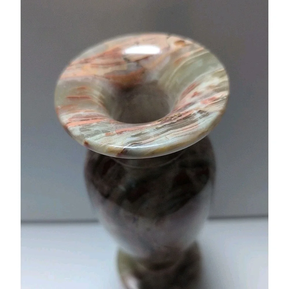 Vintage MCM Heavy Green Peach Onyx Vase Baluster Shape Banded Swirl‎ Markings